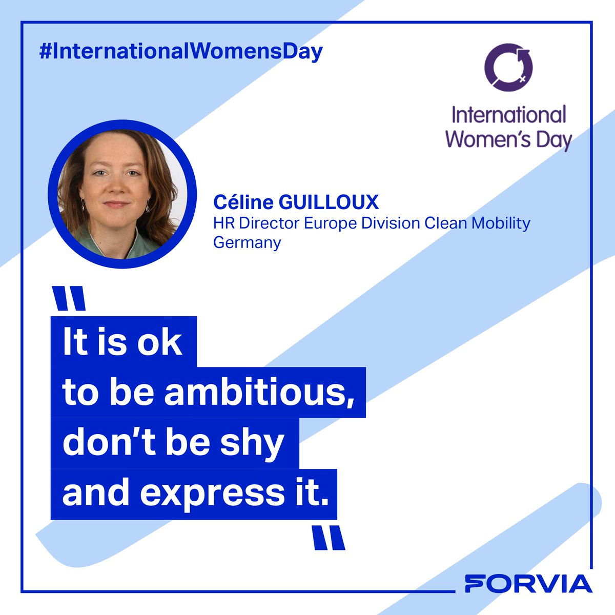 Continuing our 8-day #InternationalWomensDay2023 campaign, today we're celebrating Céline Guilloux! Based in Germany, Céline is the HR Director Europe for our #CleanMobility Division! We're so lucky to have you on our team! 🙌 #IWD2023 @womensday #WeAreFORVIA #InspiringMobility