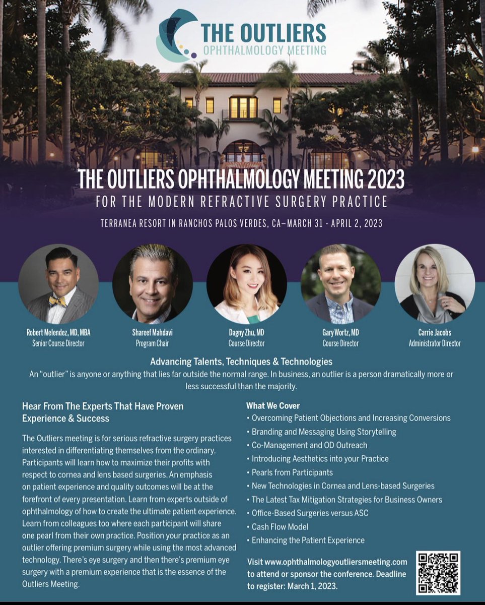 OphthoBizMinute's tweet image. The Outliers Ophthalmology Meeting 2023. 

4 spots left! A Premium Refractive Surgery Practice type meeting. 

Learn more: ophthalmologyoutliersmeeting.com 

Gold Sponsors:
Alcon #panoptix 
@STAARSurgical #evoicl 
@TrukeraMedical #scoutpro
@ZEISSmeditec #visumax