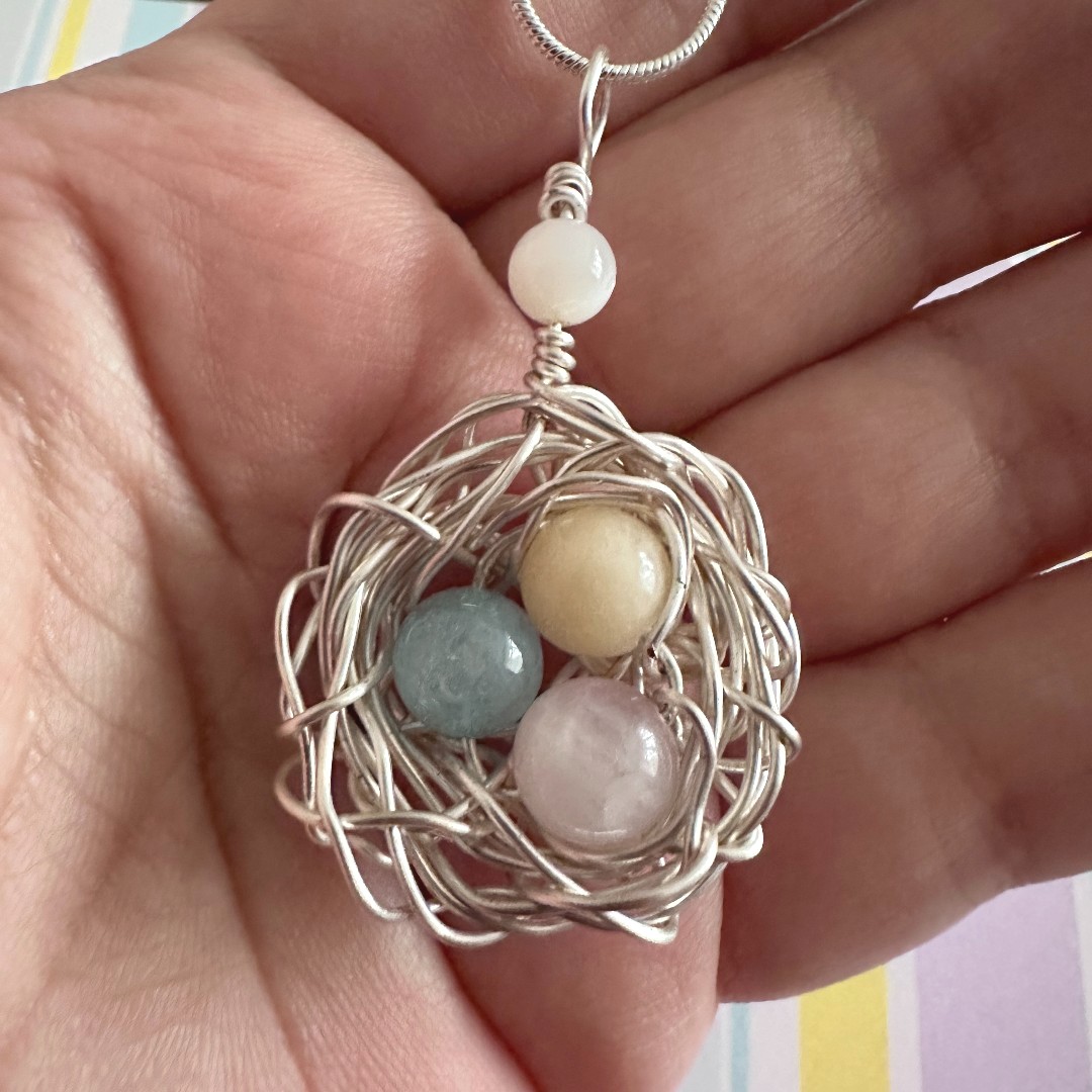 Rose Quartz, Aquamarine, Jade & Mother of Pearl Birds Nest Pendant

#nest #birds #birdsnest #birdsnestnecklace #wirenecklace #wirewrap #wirewrapped #nature #easterjewellery #mothersdaygift #eastergift #birthdaygift #best #handmadependant