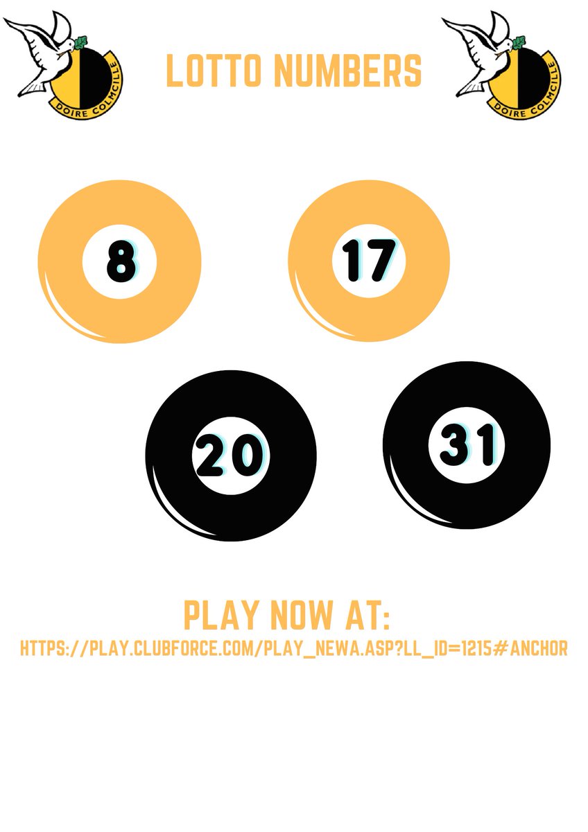 ⚫️🟡 Lotto Numbers - Jackpot £6550 🟡⚫️

🏐 8, 17, 20, 31 🏐

Good Luck Everyone🍀🍀

🏐 Tickets On Sale Online Now at:
play.clubforce.com/play_newa.asp?…

Lotto provided by Cairde Colmcille