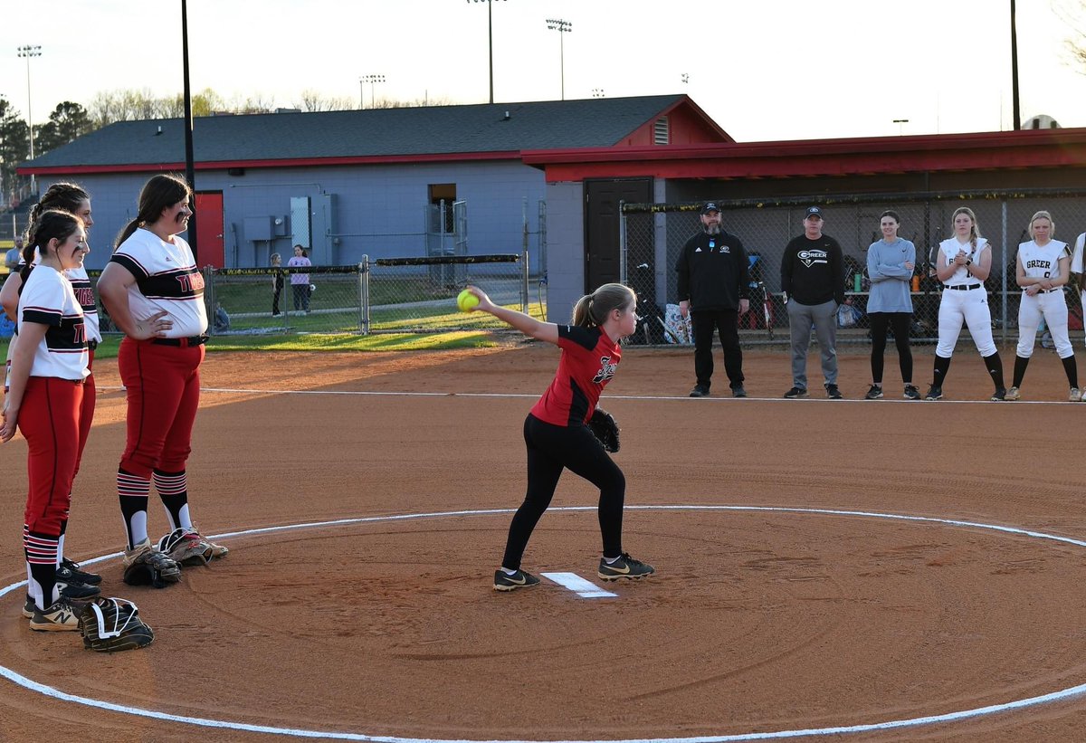 A few pictures from youth night and a special moment for 4th grader Allie Center who threw the first pitch in celebration of youth night to her older sister Junior catcher Addy Center!