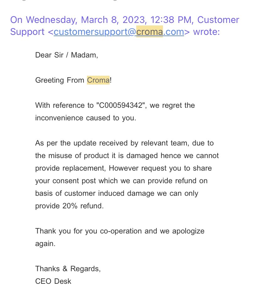 SarahGaur97's tweet photo. @cromaretail - shameful and dissapointing. Never buying anything from your store.
#croma @TataCompanies @RNTata2000 #complaint https://t.co/tAMUO9uQao