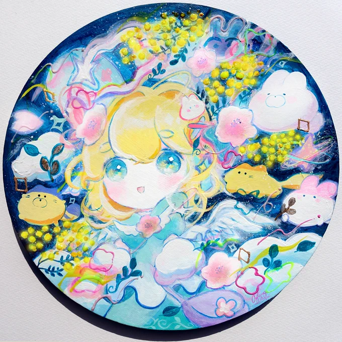 小さな丸いキャンバスにアクリル絵の具で描いてみました久しぶりに人物アップの絵です 