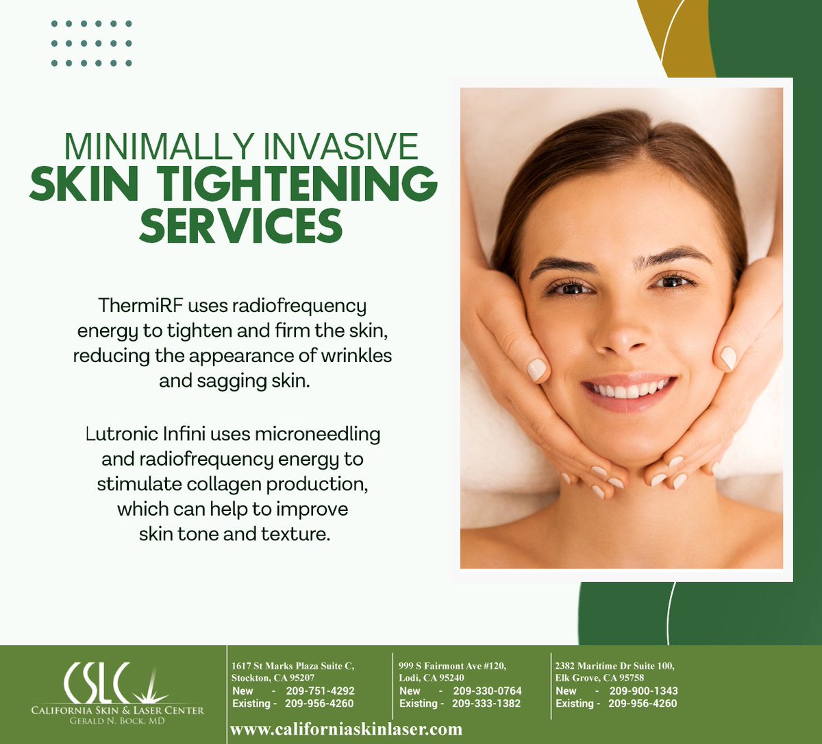 DrGeraldBock's tweet photo. California Skin and Laser Center offers minimally invasive procedures designed to rejuvenate your skin. Explore your options at https://t.co/jwXq3XWBFT or speak to us. #skintightening #antiaging #ThermiRF #beauty #lodi #CA #californiaskinlaser #elkgrove https://t.co/dmxou4ISKZ