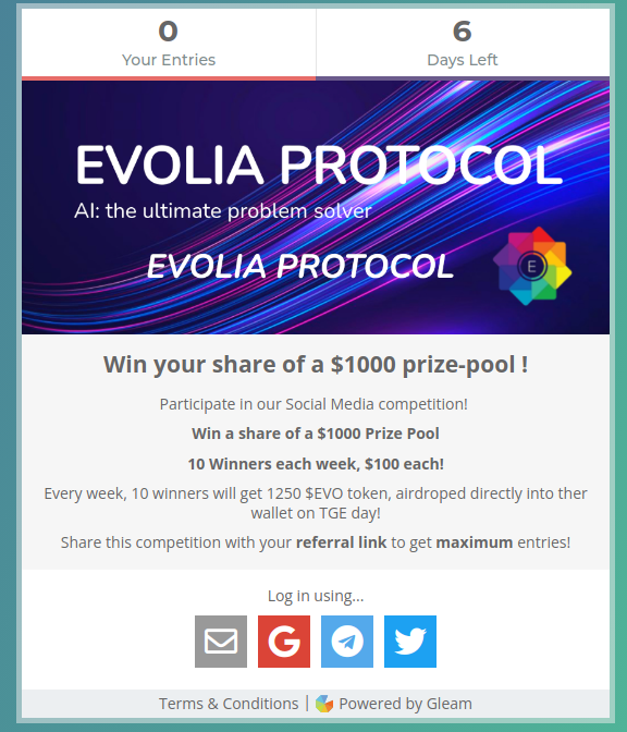 EvoliaProtocol's tweet photo. Participate in a $1000 prize-pool!
This is week #2 Contest! 

10 Winners each week, $100 each!

Every week, 10 winners get 1250 $EVO token,  🪂directly into ther wallet on TGE day!

Share your referral link to get max entries!

⬇️⬇️⬇️🚀🚀🚀💰💰💰⬇️⬇️⬇️
https://t.co/psmDWMVDdL https://t.co/oz9J9Cz8ID