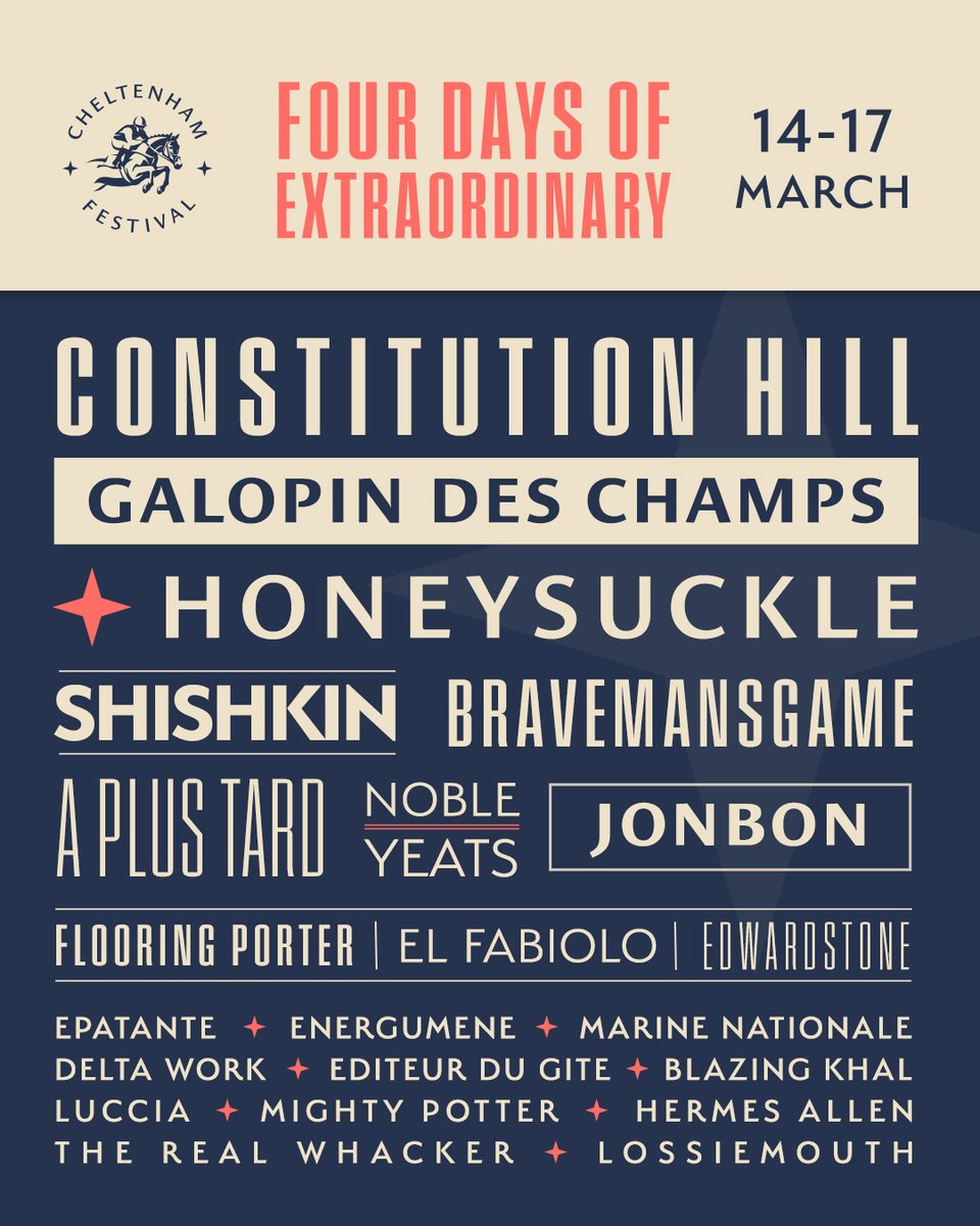 CheltenhamRaces's tweet photo. Welcome to the #CheltenhamFestival 2023. 

This is your line-up 🤩 https://t.co/vF0NbBn8GC