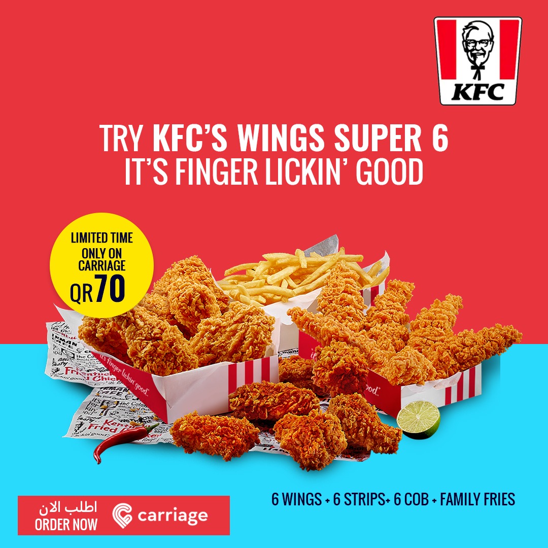 شرائح الدجاج والاجنحه المقرمشه لفتره محدوده  😄
جرب Wings Super الجديد الان على كاريدج فقط 📱
Chicken strips &amp; wings for a limited time only😄
Try the new Wings Super 6 from KFC now only on Carriage 📱