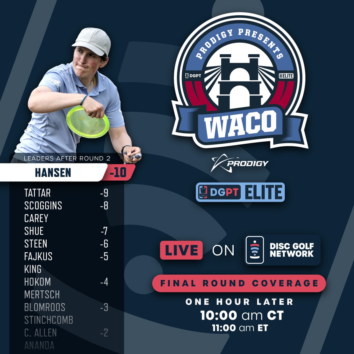 DiscGolfProTour's tweet image. Championship Sunday is going to be a wild one here in Waco! 

Catch final-round coverage of the 2023 Waco Annual Charity Open today on Disc Golf Network 🥏