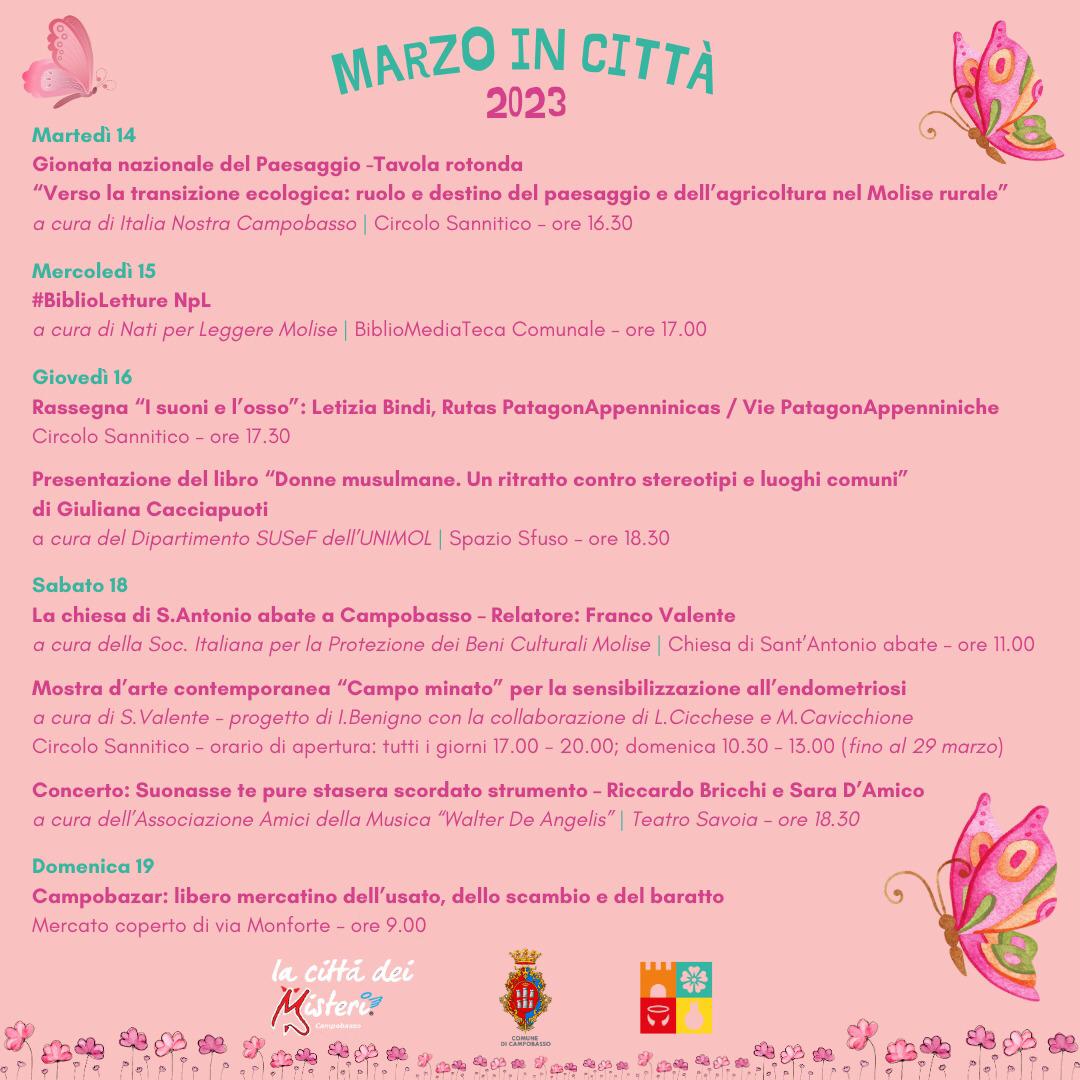 campobassocitta's tweet photo. 𝗖𝗼𝘀𝗮 𝗰’𝗲̀ 𝗱𝗶 𝗯𝗲𝗹𝗹𝗼 𝗶𝗻 𝗰𝗶𝘁𝘁𝗮̀?

I prossimi appuntamenti ⬇️ 
#marzoincittà #primavera
#visitcampobasso #campobasso #molise #infopoint #infopointTuristico #turismo #cultura #LaCittaDeiMisteri #eventi #eventiInCittà #cittàchelegge https://t.co/dLEXPw6PBz