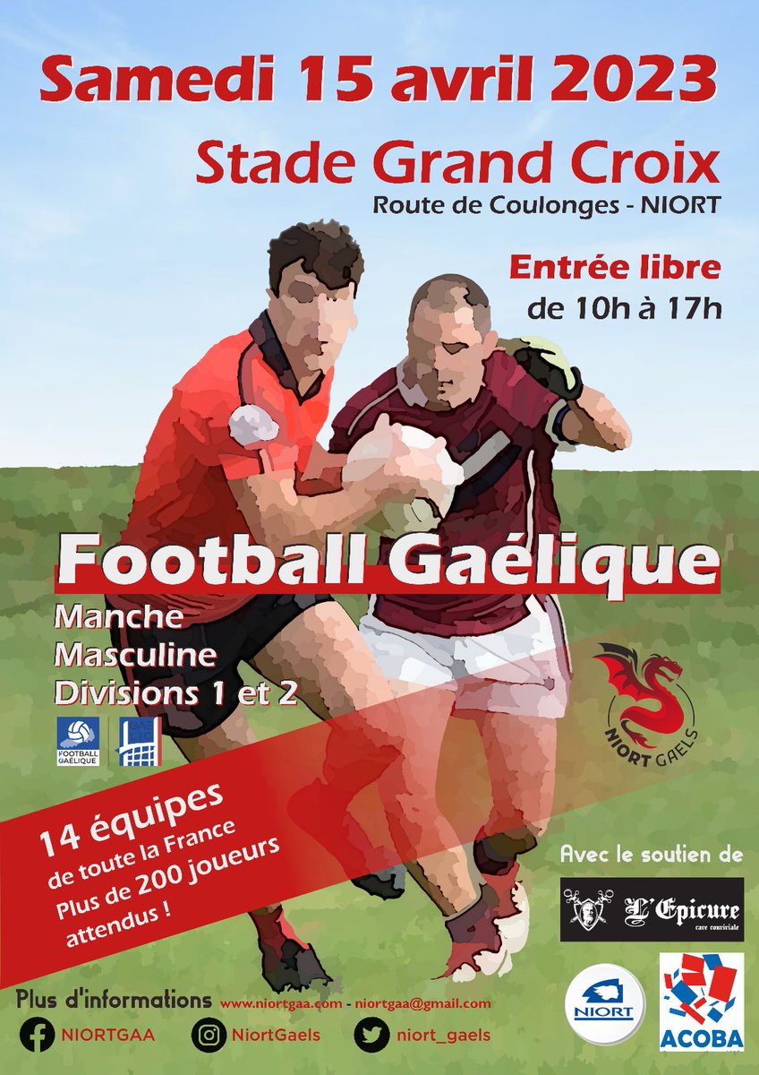📅 🏐 Venez assister à la 3ème manche du Championnat Fédéral masculin de football gaélique à Niort. 
Plus de 200 joueurs attendus de divisions 1 et 2 de toute la France.
Entrée gratuite et buvette sur place.
RDV le samedi 15 avril 2023 de 10h à 17h.