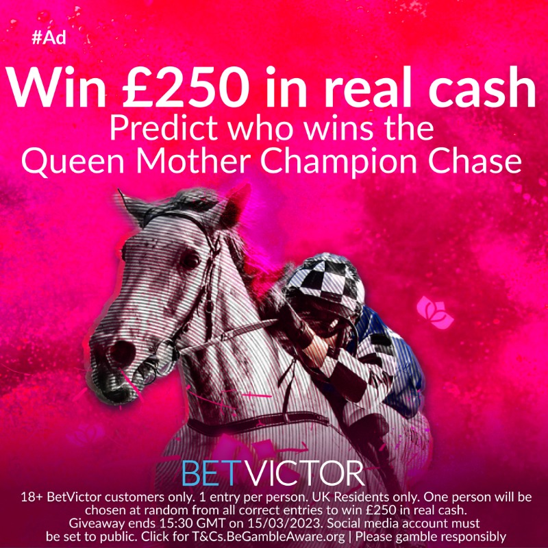 BetVictor's tweet photo. 💰 𝟏 𝐱 £𝟐𝟓𝟎 𝐑𝐞𝐚𝐥 𝐂𝐚𝐬𝐡 𝐮𝐩 𝐟𝐨𝐫 𝐠𝐫𝐚𝐛𝐬!

Predict who wins the Queen Mother Champion Chase at Cheltenham (Wednesday 15:30).

To enter:
📲 Follow @BetVictor
🔁 RT this post
💬 Reply with your prediction and #BVCheltenham

T&amp;Cs apply.

#CheltenhamFestival