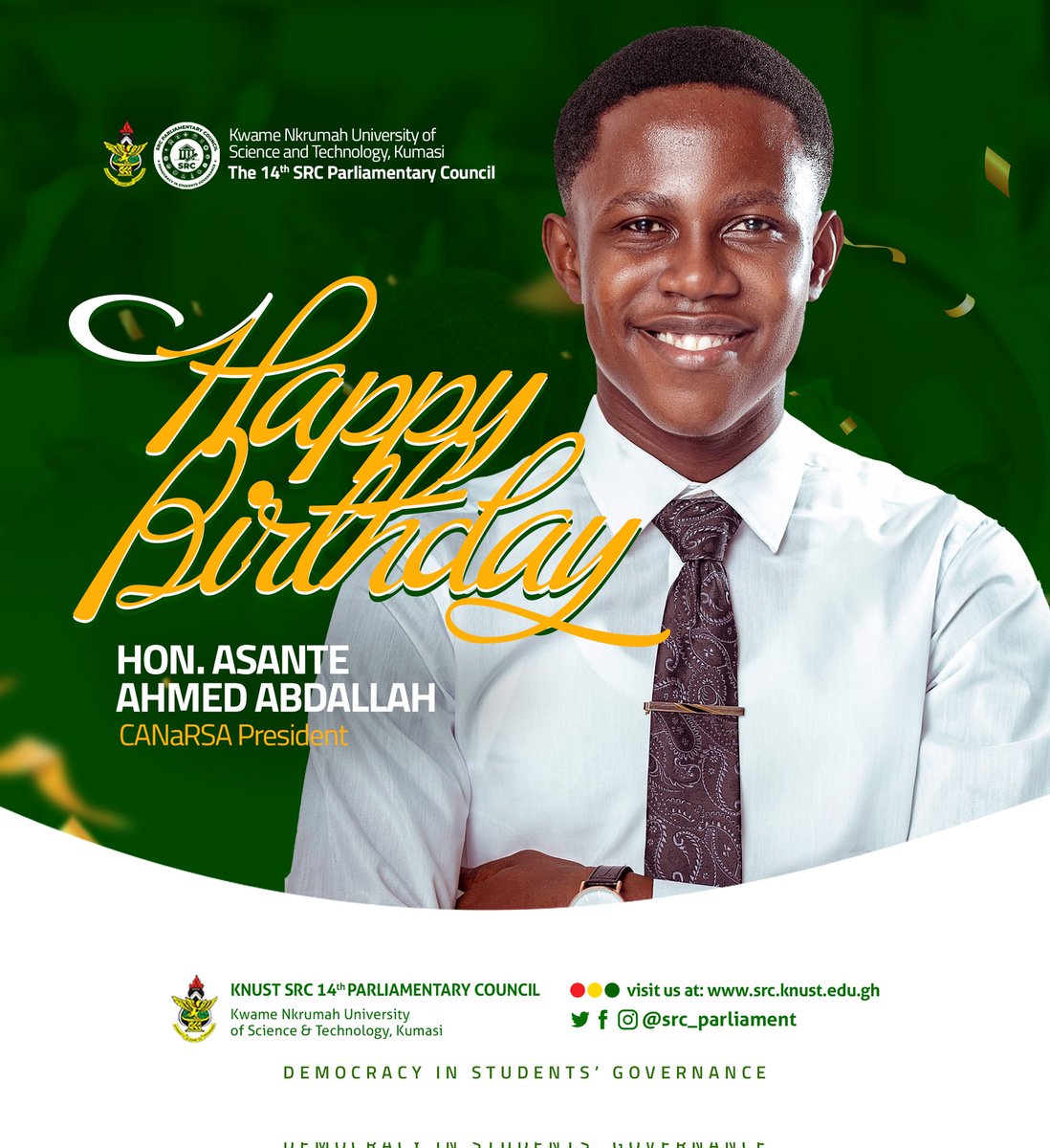 src_parliament's tweet photo. Happy birthday to Hon. Asante Ahmed, a Member of Parliament for the CANARSA Constituency. God bless you and may He grant to you all your heart desires. The 14th SRC Parliamentary Council wishes you the best in life. Enjoy your day! ♥️ https://t.co/ZMXXQOoRKv