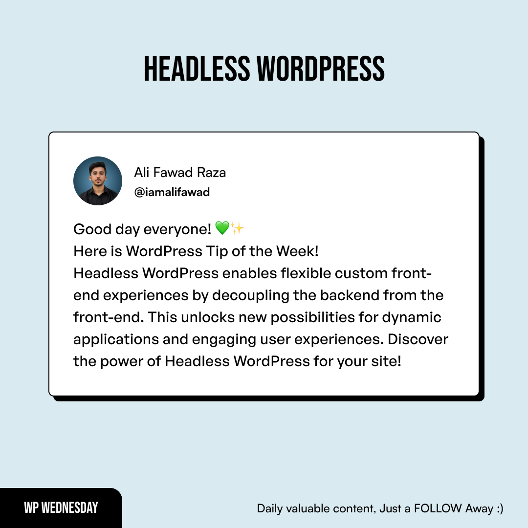 iamalifawad's tweet photo. Good Day Everyone 💚✨
Here is WordPress Tip of the Week!
@WordPress
#HeadlessWordPress #CustomFrontEnds #DynamicApplications #WebDevelopment #WordPress #iamalifawad #letsconnect https://t.co/c6jbRgPDoE