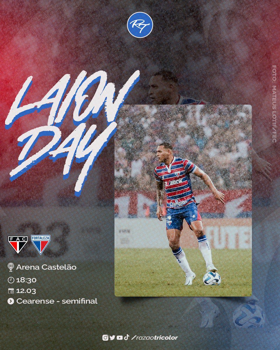 razaotricolor18's tweet photo. HOJE TEM LEÃO! 🦁
🏆 Campeonato Cearense
🆚 Ferroviário
⏰ 18h30
🏟 Arena Castelão
📺 TV Cidade, DAZN e Nosso Futebol
#️⃣ #FERxFOR
#FortalezaEC #CampeonatoCearense https://t.co/FsXeNWR3Lp
