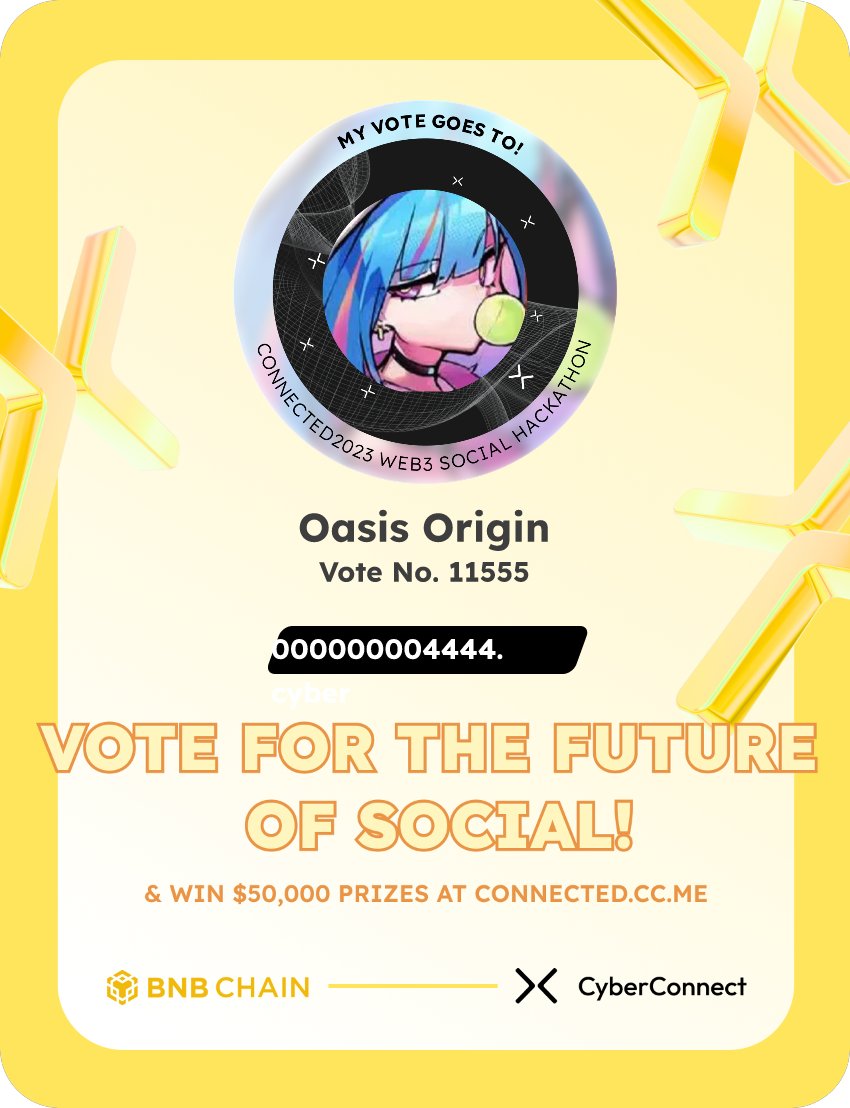 shigenobu093's tweet photo. Just voted for my favorite project Oasis Origin in #Connected2023, a Web3 Social hackathon by @CyberConnectHQ the social graph protocol &amp; @BNBCHAIN
Join me to vote for a better social and win $50,000-$100,000 prizes!
https://t.co/mazC0xsjbE
sig:lcgIJA 
  https://t.co/wfIZIvSrZc https://t.co/BHfY6JtSrE