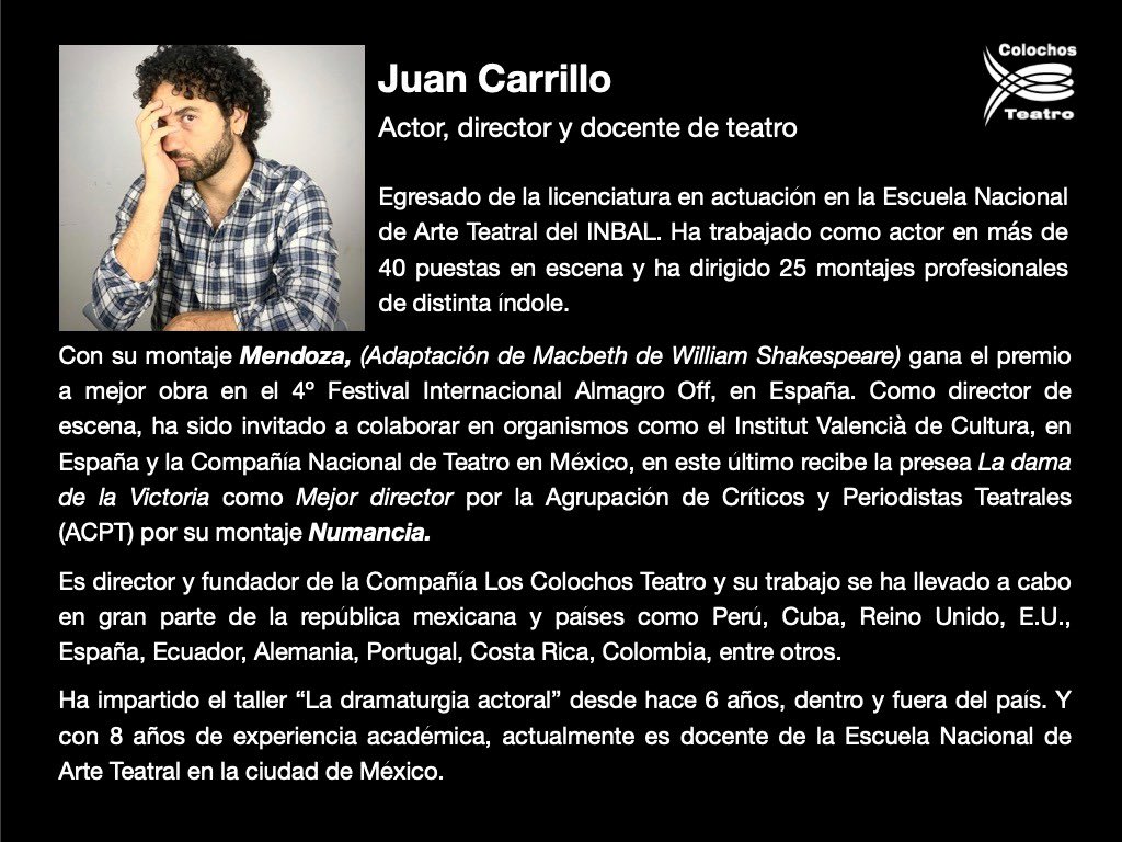 Volvemos con “La dramaturgia actoral”

CDMX

Para toda persona interesada en el quehacer actoral.

Sáb. 25 a miér. 29 Marzo

4 pm a 7 pm

Colima 410. Col. Roma Norte

💲3500.ºº

C U P O L I M I T A D O

Informes:
loscolochosteatro@gmail.com