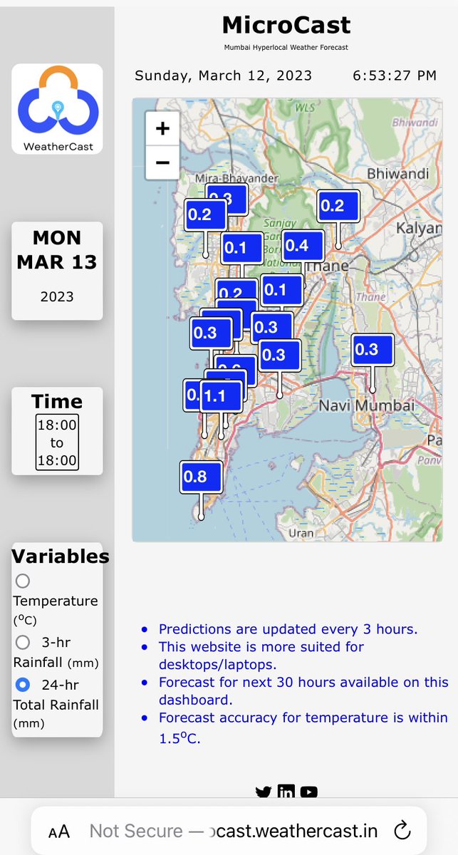 WeatherCastIN's tweet photo. Due to mid-level trough, Tmax to drop across #Mumbai & suburbs starting tomorrow (March 13th). Bleak chances of drizzle, expect cloudy weather. So rise in #humidity.
Visit our #weatherdashboard for more refined #hyperlocal info.
https://t.co/vYUIWn5udM
#MumbaiRains https://t.co/q8CXxXVGxV