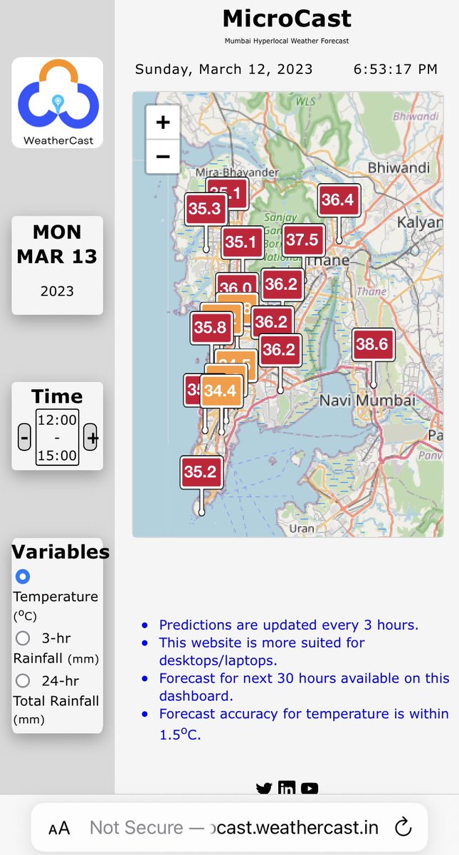 WeatherCastIN's tweet photo. Due to mid-level trough, Tmax to drop across #Mumbai & suburbs starting tomorrow (March 13th). Bleak chances of drizzle, expect cloudy weather. So rise in #humidity.
Visit our #weatherdashboard for more refined #hyperlocal info.
https://t.co/vYUIWn5udM
#MumbaiRains https://t.co/q8CXxXVGxV