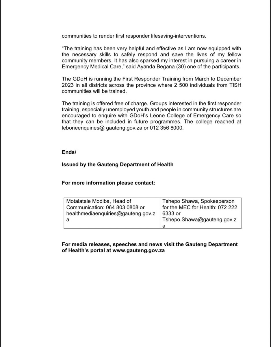 MEDIA STATEMENT || TISH COMMUNITIES EQUIPPED WITH RESPONSE SKILLS FOR EMERGENCIES