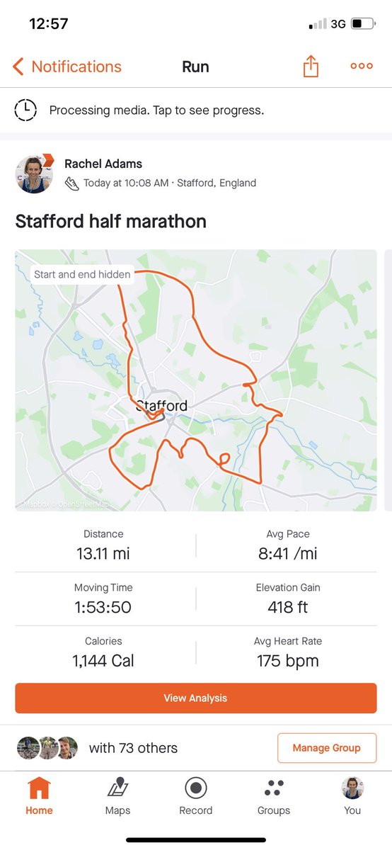 rladams6's tweet photo. @StaffordHalf today, my third half in 4 weeks: from Rhyl to Paris and back to the county town. Finish time consistent irrespective of venue! Great to chat today with @UHNM_NHS Medical Director running for @UHNMCharity #keelerunningclub https://t.co/bYqw9s1U0P