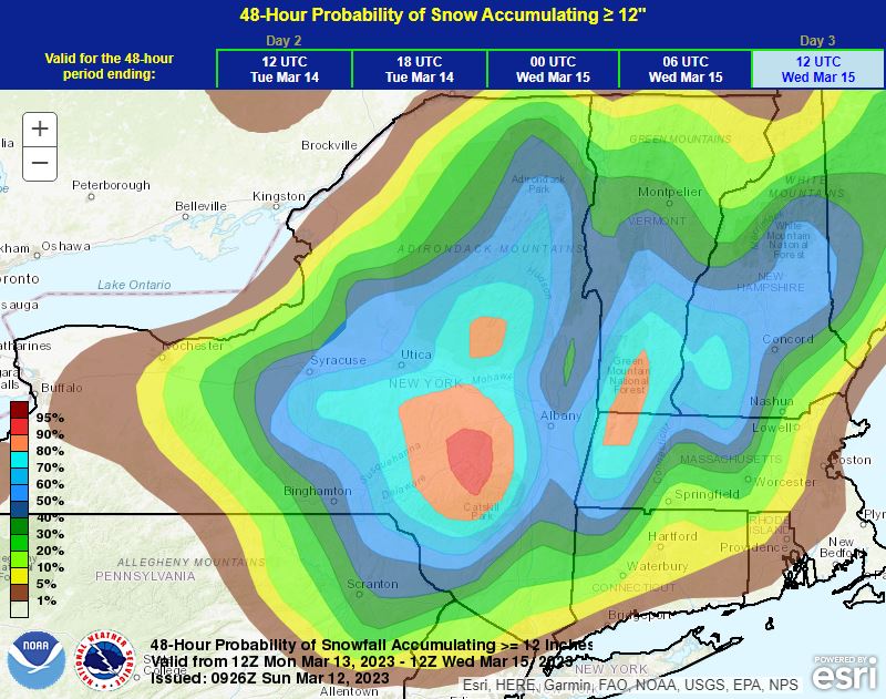 PaulCaiano's tweet photo. A large swath of the Capital Region has at least a 50% chance of getting more than a foot of snow Monday night through Tuesday. This includes population centers. The heavy wet snow could lead to multiple hazards, including widespread power outages. More to come. @WNYT https://t.co/M6ZPSRH3HT