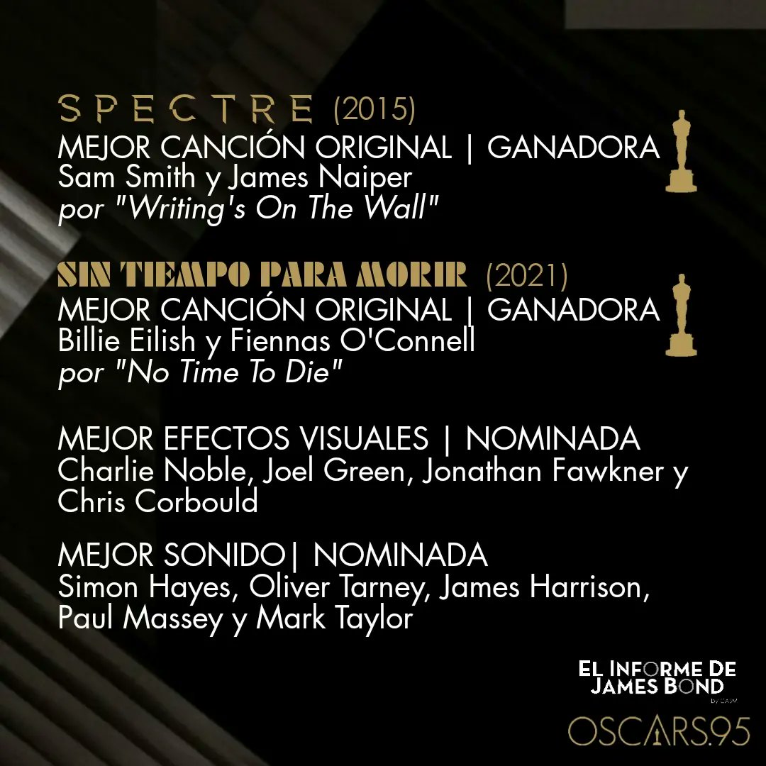 Esta noche se celebra la 95ª Entrega de los Premios Óscar, organizados por La Academia de Artes y Ciencias Cinematográficas, recordamos las películas de James Bond que han sido nominadas y también ganadoras. #IanFleming #JamesBond #Oscars #Oscars95  #ElInformeDeJamesBond