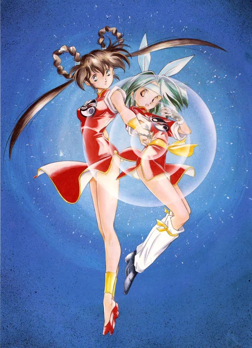 #女の子二人のイラストを貼る見た人もやるコレ、白いリング状のエフェクトは【大判のセルにブラシ】で、イラストに重ねてます。 