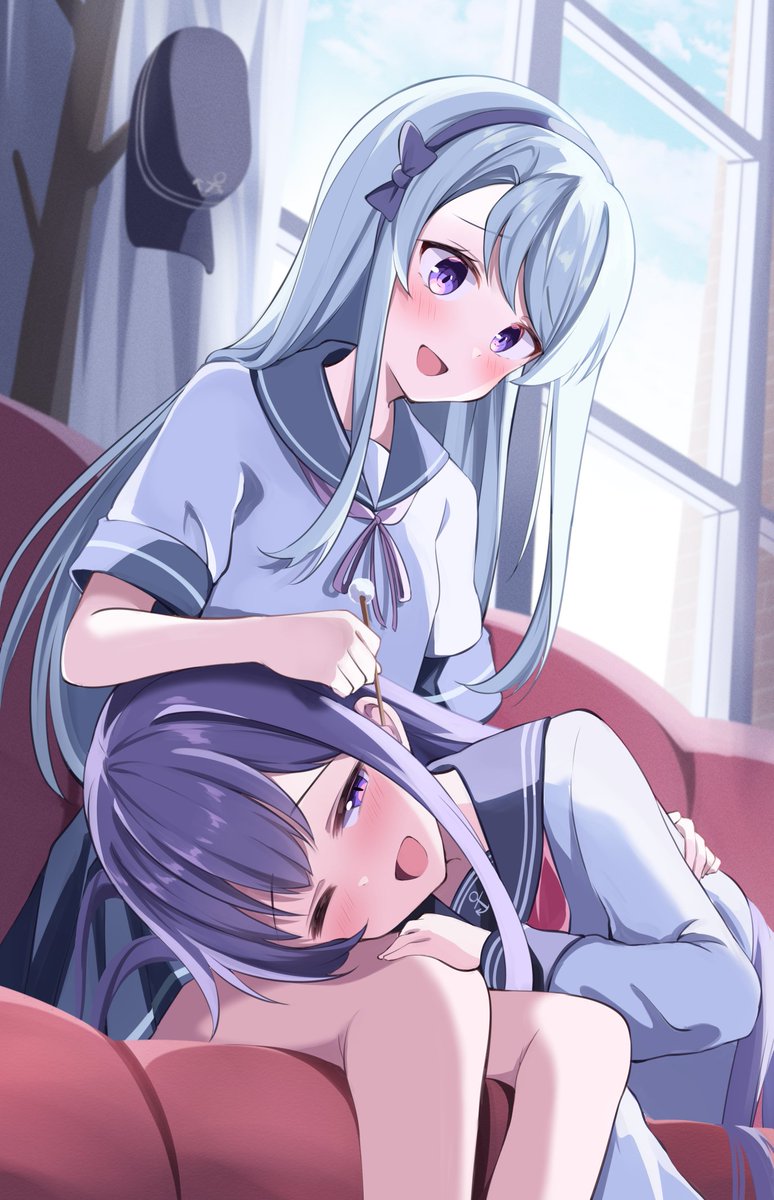 akatsuki (kancolle) ,sagiri (kancolle) purple eyes multiple girls school uniform long hair 2girls lap pillow serafuku  illustration images