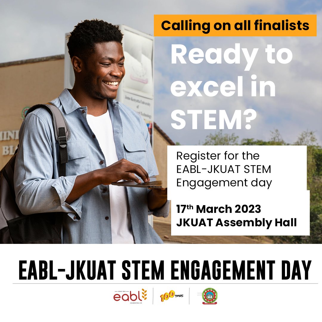 EABL_PLC's tweet photo. Hello JKUAT finalists! 

We are excited to be engaging with you on the 17th of March, 2023, to celebrate and explore the future of STEM. 

We cannot wait to see you there. 

Sign up using your student email address here https://t.co/4uFKmS9wGI. 

#EABLJKUATSTEMDay @DiscoverJKUAT https://t.co/OvSQike2rZ