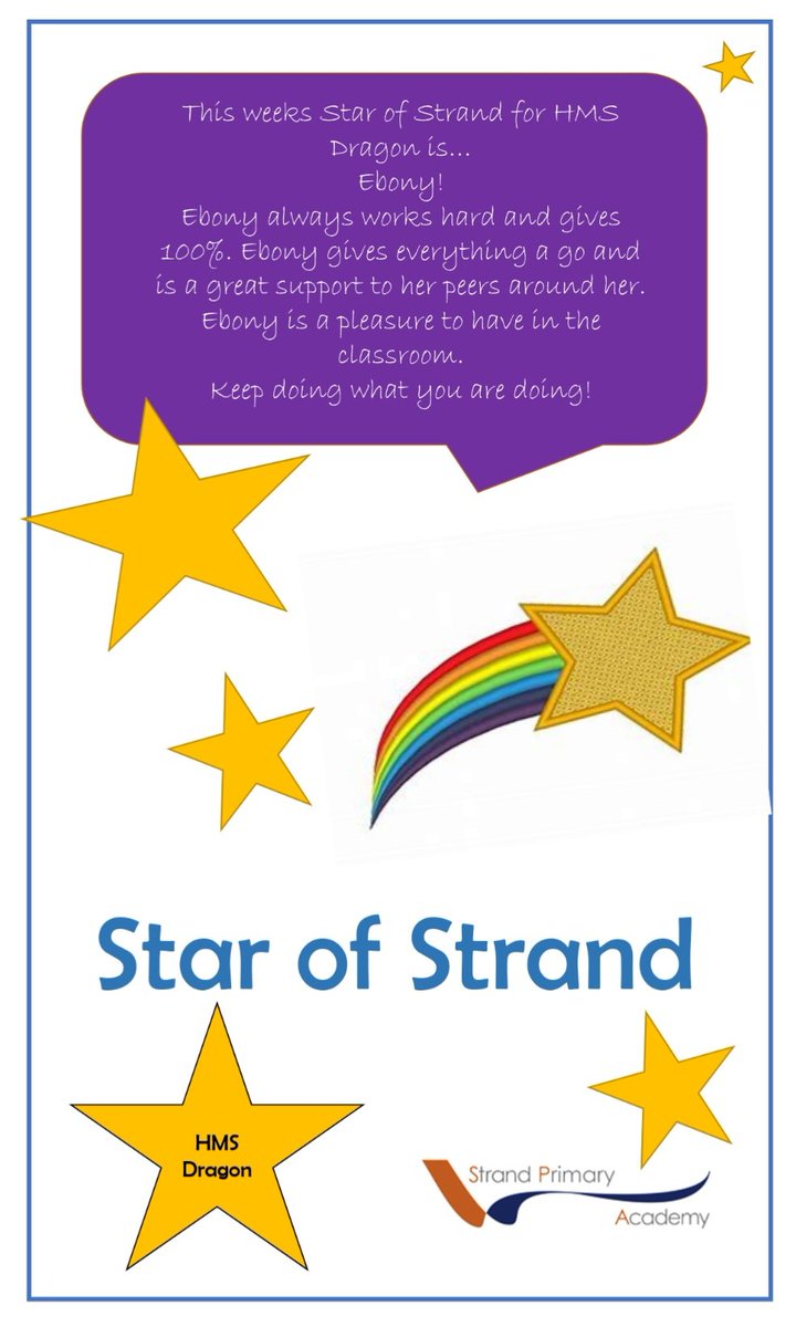 DeltaStrand's tweet photo. In HMS Dragon this week, our Star of Strand is Ebony-Rose🌟
Ebony is a kind, caring, and polite member of the class who always helps others and gives 100% effort to achieve her learning goals. 
We are so proud of you, Ebony-Rose!
@DeltaStrand #StrandStars #Proud https://t.co/b4kyamGqdL