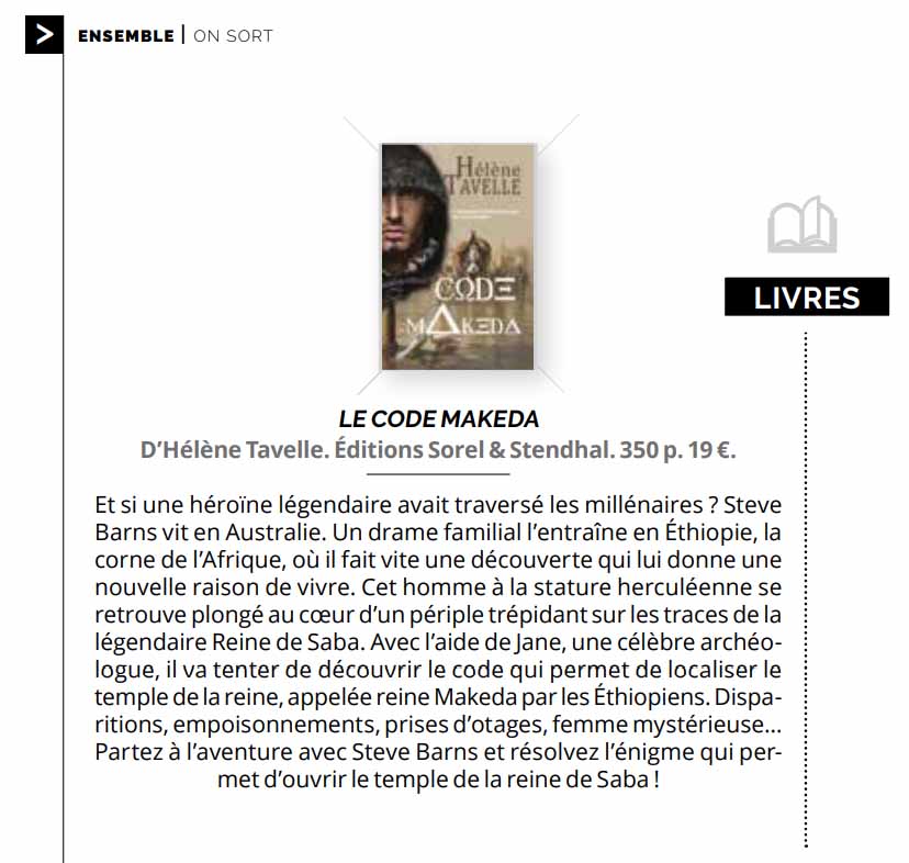 HTavelleAuteur's tweet photo. Merci à Isère MAG, le magazine du département @CDIsere, du mois de mars 2023, pour cet article sur mon roman "Le Code Makeda".
Disponible en librairie et ici https://t.co/Qxz4FMkawl
#roman #lecodemakeda #Pressbook #presse #isere #iseremag #auvergnerhonealpes #lecodemakeda https://t.co/iKLC0iU7m6