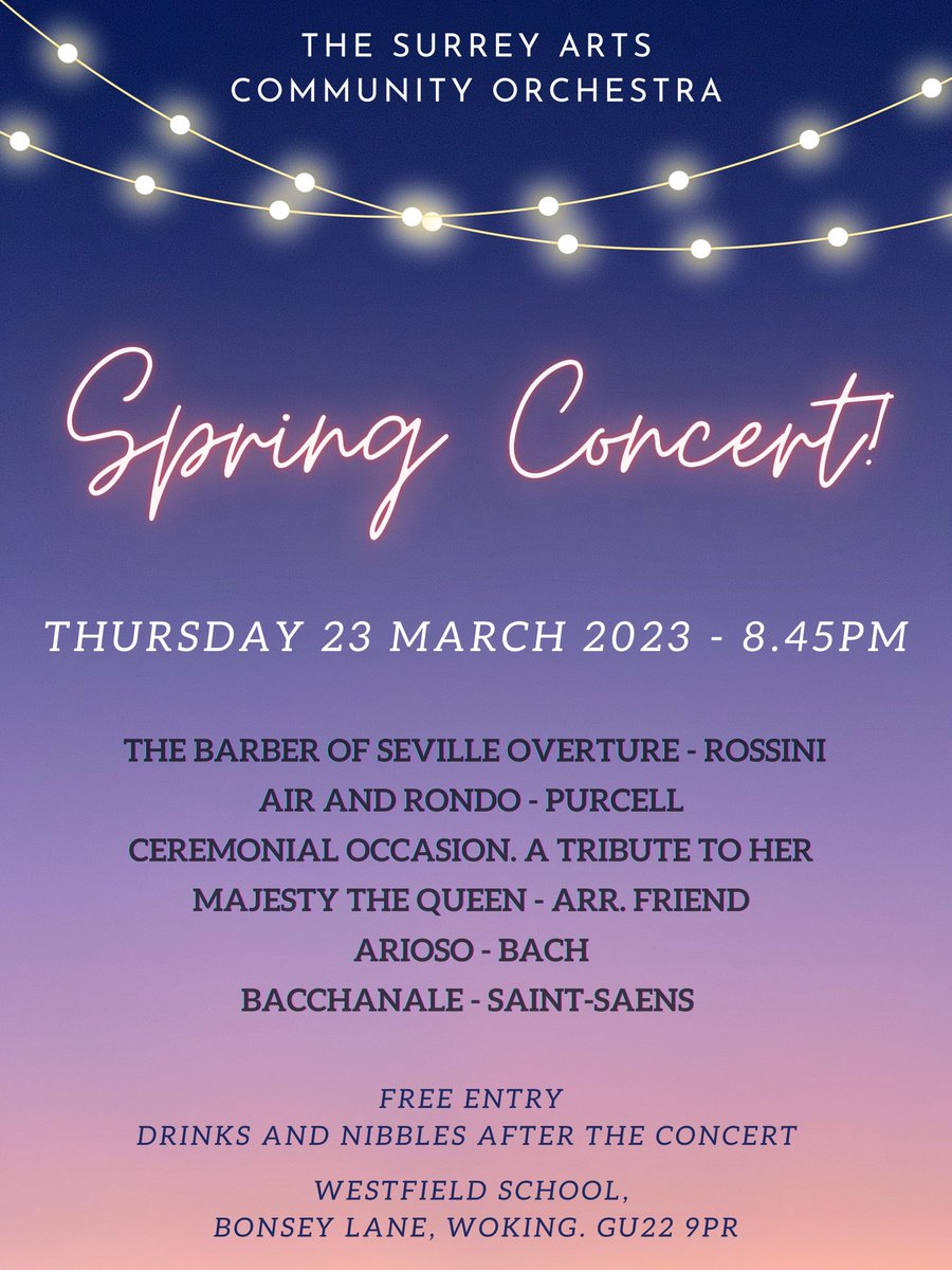 Join us for a lovely concert in Woking with nibbles and drink - all completely FREE! 💥🎵             Would still love a trumpet and bassoon (with players attached!) to join the group too! <a href="/welovewoking/">We Love Woking</a> <a href="/wokingboard/">Woking Noticeboard</a> <a href="/WeLoveGuildford/">We Love Guildford</a> <a href="/WestfieldCommon/">WCRA</a> @CelebrateWoking