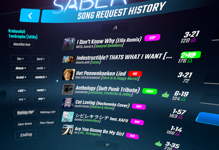TeamFeVR's tweet photo. With @Krayn_'s Song Request Manager for @BeatSaber (using @streamerdotbot) any requests from #twitch Mods, VIPs or yourself will be flagged in the list (color coded), as seen in the image below
Get it here: https://t.co/cxL3rvouFs
#BeatSaber #VR #songs #VRStreamers #music https://t.co/fl9dILcT64