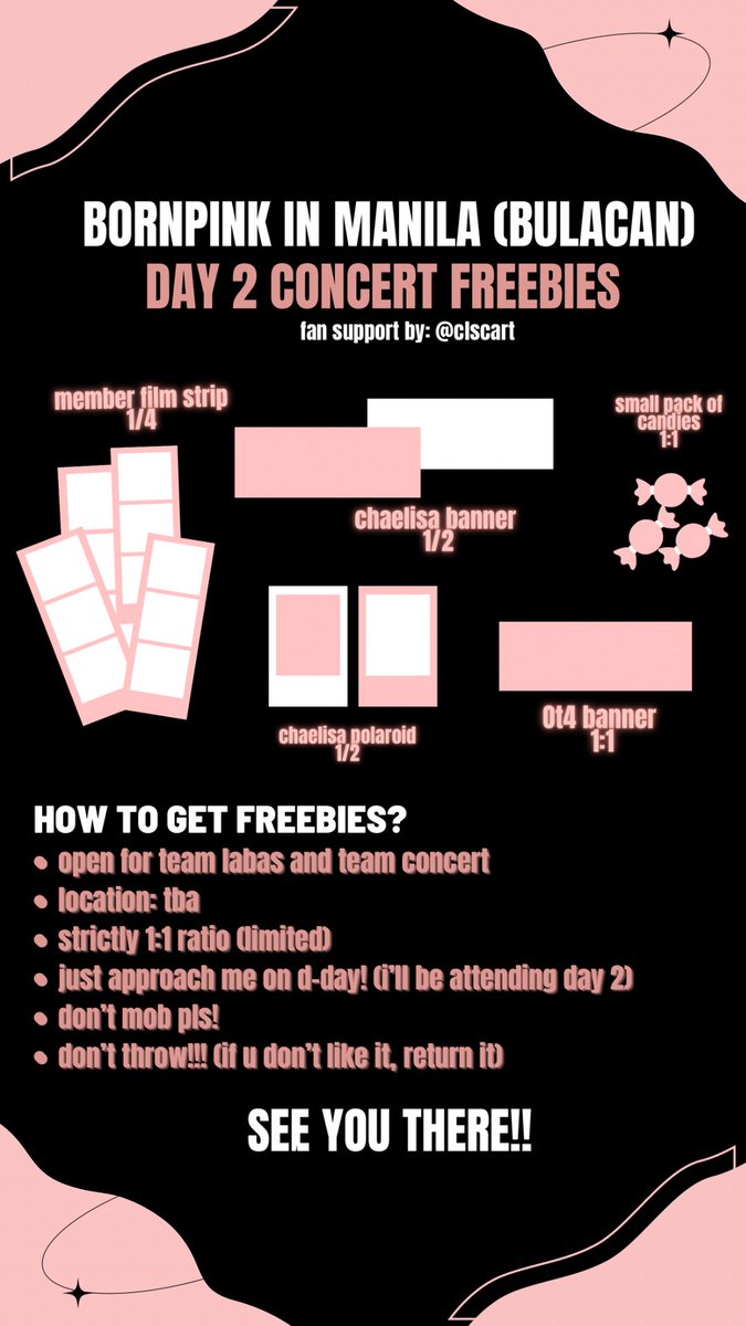 clscart's tweet photo. BLACKPINK CONCERT FREEBIES DAY 2 

- location: tba (will tweet on the d-day) 
-rt to spread ^^ 
- strictly 1:1 ratio (limited qty)
- don’t mob pls
- don’t throw away the freebies 

#BORNPINKINMANILA_BULACAN https://t.co/RZX7h3fm8t