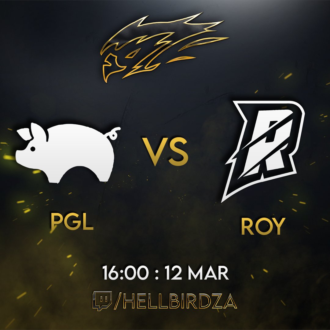 Stream going live now!

Piglets vs <a href="/ZA_Royalty/">Royalty Esports</a> 

Live now! 

twitch.tv/hellbirdza

w/ <a href="/cornygg/">George "Corny" Erasmus</a>