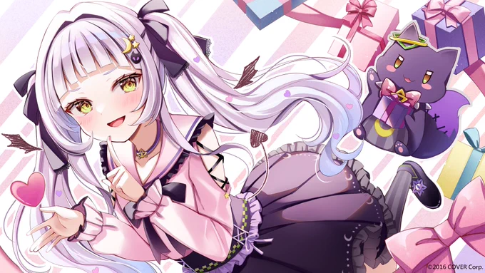 シオンちゃんお誕生日記念ライブ、『小悪魔だってかまわない!』のバックモニターイラストを描かせていただきましたとっっても素敵なライブでした!!#紫咲シオン生誕祭LIVE 