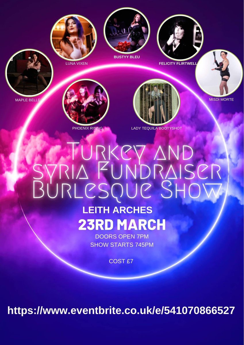 Bustyybleu's tweet photo. Burlesque and Cabaret Show, Leith Arches on 23rd March to raise funds for the Turkey and Syria Earthquake Appeal.

Tickets cost £7, link is below 👇 

https://t.co/IhtV6gmyij https://t.co/DcLVuCPaJV