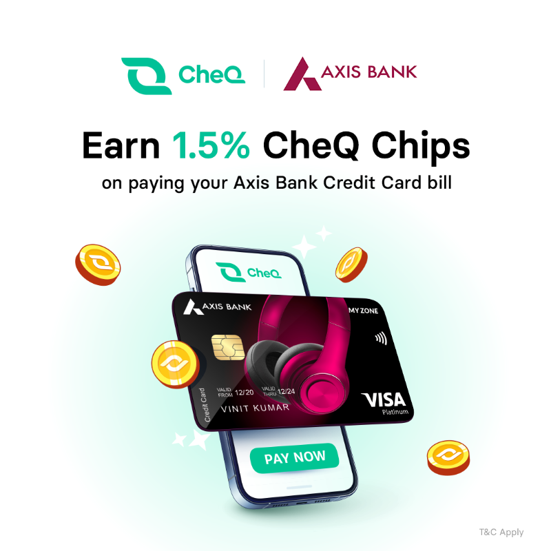 CheQ_One's tweet photo. Live now: an 𝘦𝘹𝘵𝘳𝘢 rewarding offer exclusively for @AxisBank credit card customers. 💳

1% + 𝗲𝘅𝘁𝗿𝗮 𝟬.𝟱% CheQ Chips!