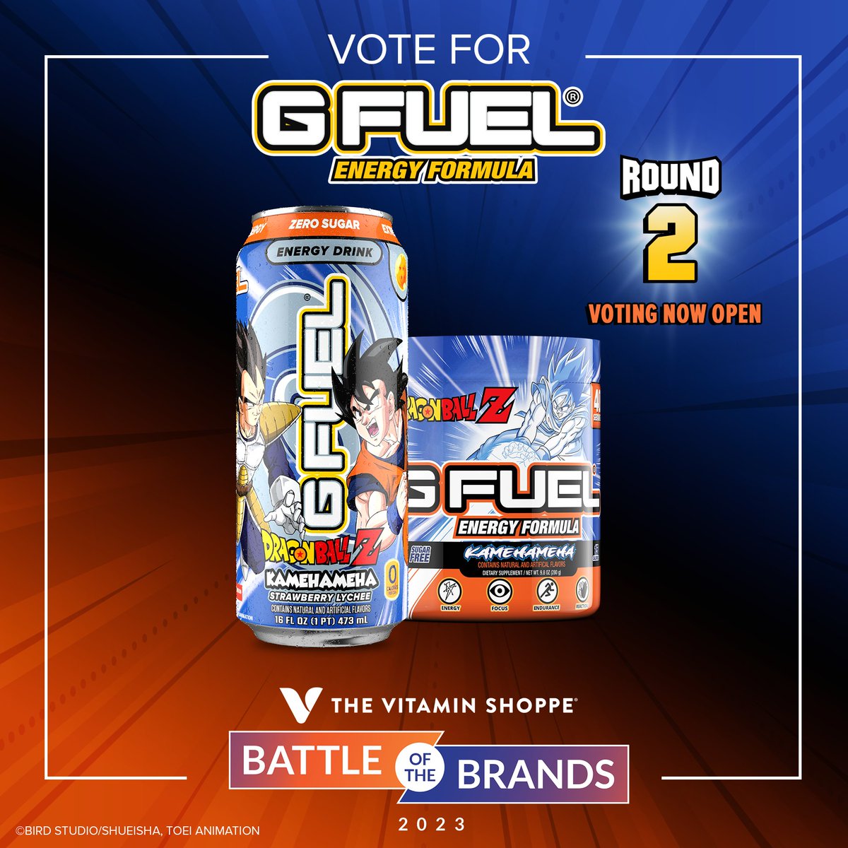 GFuelEnergy's tweet photo. 🗣 #GFUEL FAM! There's just 1 day left to vote for us until ROUND 2 of 
@VitaminShoppe's #BattleOfTheBrands is over! Be sure to cast your votes and let's make it to ROUND 3! 🤩👇

🧡 LIKE + RT to win a DBZ TUB! 2 winners picked tomorrow!

🏆 𝗩𝗢𝗧𝗘: https://t.co/Sj0ThPxdnw https://t.co/SaoTDA9PbX
