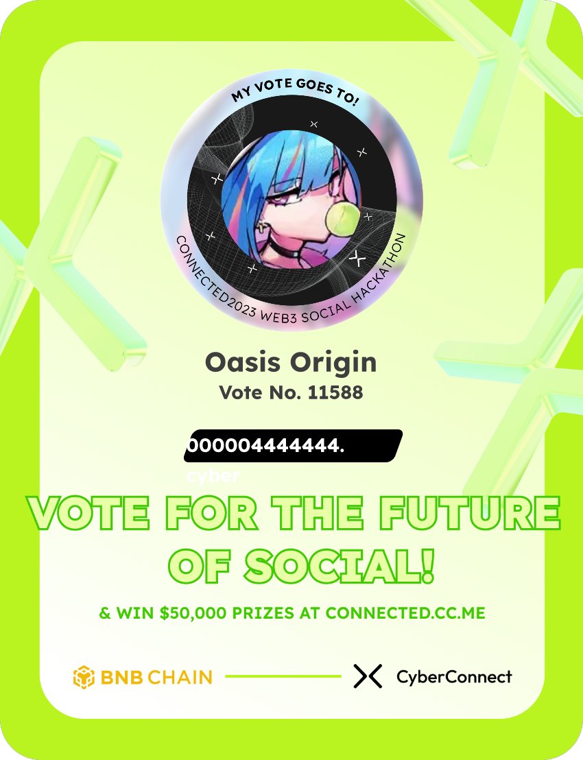 masatake112's tweet photo. Just voted for my favorite project Oasis Origin in #Connected2023, a Web3 Social hackathon by @CyberConnectHQ the social graph protocol &amp; @BNBCHAIN
Join me to vote for a better social and win $50,000-$100,000 prizes!
https://t.co/5CKvjPv0JF
sig:L2srgI 
  https://t.co/XhXlbhUB9V https://t.co/KDlIyoiwGu