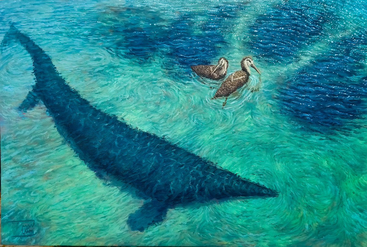 Tylosaurus hunting hesperornis
Oil painting