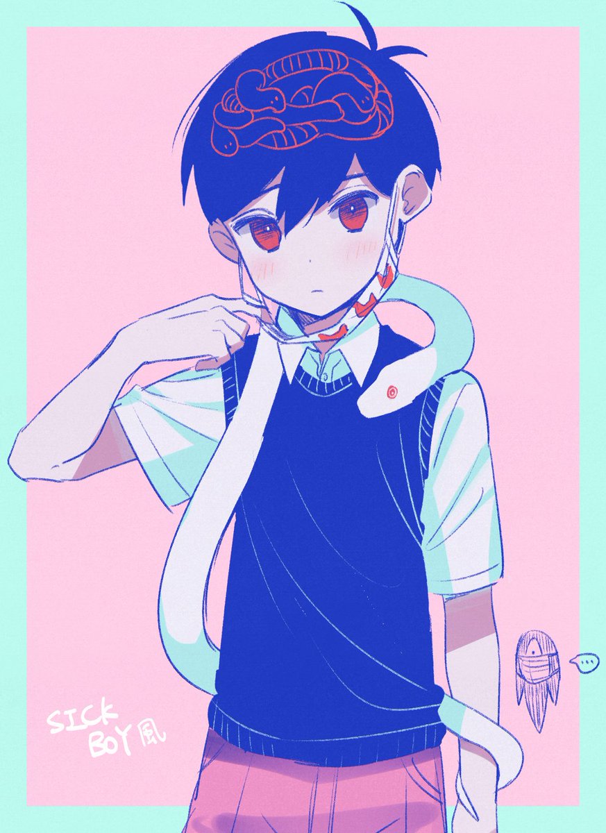1boy red eyes black hair sweater vest shirt short hair looking at viewer  illustration images