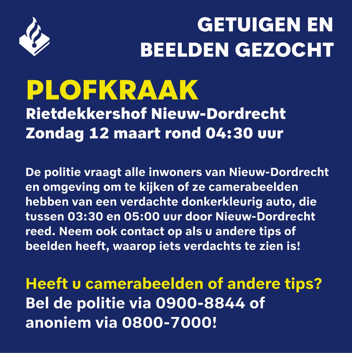 De verdachten zijn mogelijk gevlucht in een donkerkleurige auto. We roepen alle inwoners van Nieuw-Dordrecht en omgeving op om camerabeelden te bekijken tussen 03:30 en 05:30 uur. Ziet u een verdacht voertuig? Neem dan contact met ons op! Meer informatie: politie.nl/nieuws/2023/ma…