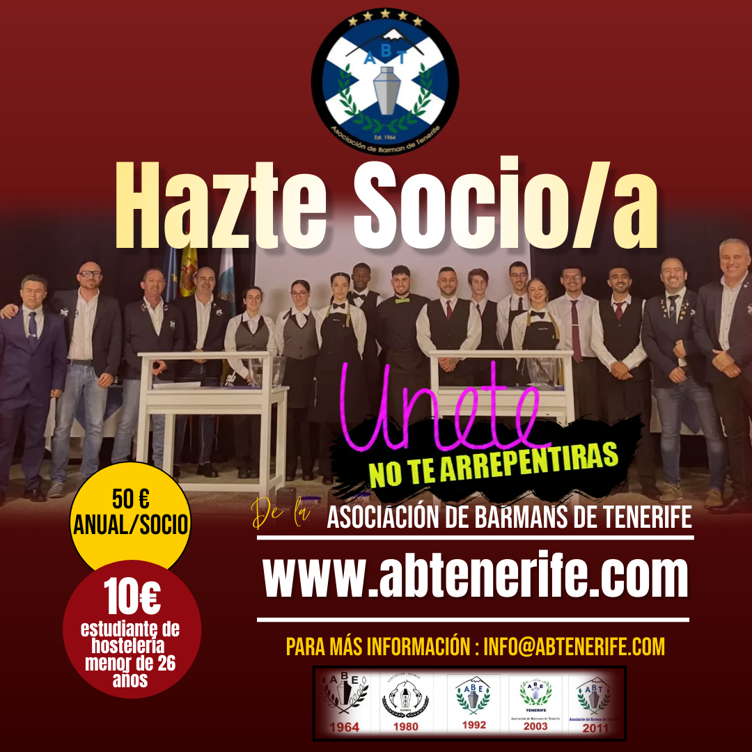Hazte socio/a de AB Tenerife (Asociación de Barmans de Tenerife).
Si te apasiona la coctelería, si quieres formarte, si quieres informarte, si quieres ser parte de la familia de profesionales de la Provincia de Tenerife.