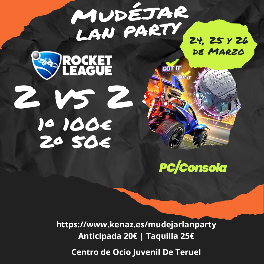 ¡Uno para los mas pequeños!

🏆#rocket league
🆚2vs2
🥇100€
🥈50€

Inscripciones en:
kenaz.es/mudejarlanpart…

#rocketleague #gamer #torneo