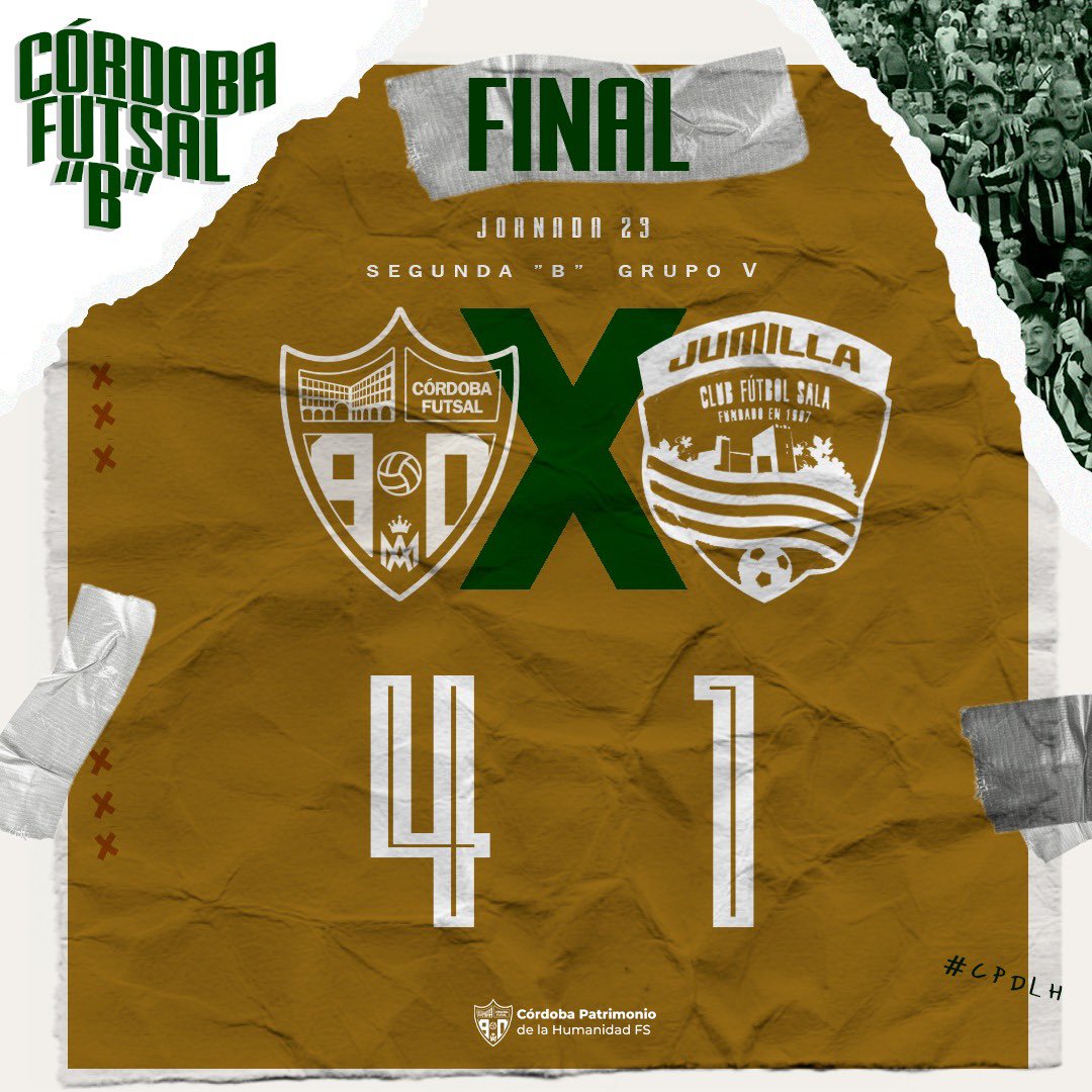 📣 ¡Final en Vista Alegre!
🏆 2ª División B - Grupo 5
⚽️ Córdoba Patrimonio 4-1 <a href="/JumillaFS/">CFS Jumilla</a> 
➡️ <a href="/Alexbernal121/">Alex7bernal</a> (2), <a href="/pedrodelacruuz/">Pedrodelacruuz</a> y Sergio, goleadores blanquiverdes.