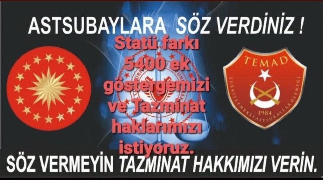 #OylarTazminata
 Astsubaylar Gücünün farkında
<a href="/RTErdogan/">Recep Tayyip Erdoğan</a>
 <a href="/NureddinNebati/">Dr.Nureddin NEBATİ🇹🇷</a>
<a href="/suleymansoylu/">Süleyman Soylu</a>
 <a href="/dbdevletbahceli/">Devlet Bahçeli</a>
<a href="/tcsavunma/">T.C. Millî Savunma Bakanlığı</a>
 <a href="/kilicdarogluk/">Kemal Kılıçdaroğlu</a>
<a href="/mustafaelitas/">Mustafa Elitaş</a>
 <a href="/fuatoktay/">Fuat Oktay</a>
<a href="/_cevdetyilmaz/">Cevdet Yılmaz</a>
<a href="/AhmetAYDIN_02/">Ahmet AYDIN</a>
<a href="/HMBakanligi/">T.C. Hazine ve Maliye Bakanlığı</a> <a href="/TSKGnkur/">TSK</a>