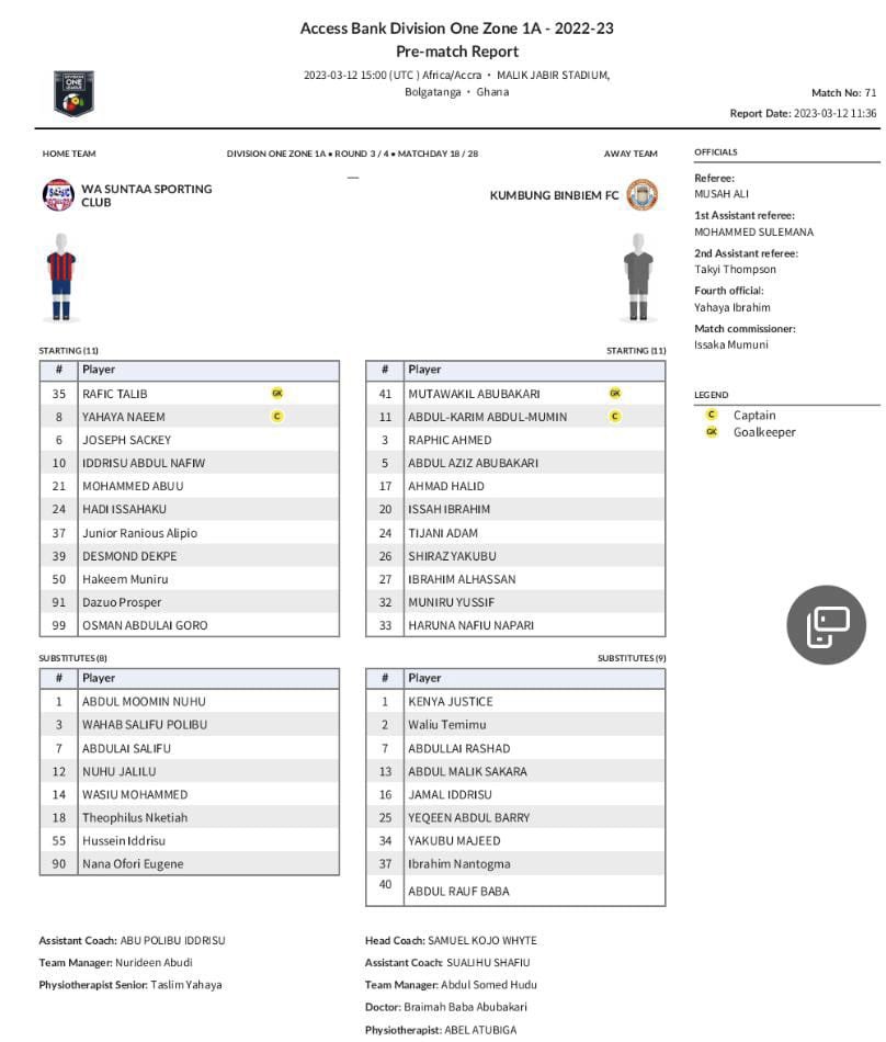 📋 𝑻𝒆𝒂𝒎 𝑵𝒆𝒘𝒔 📋

<a href="/WaSuntaaSc/">Wa Suntaa Sporting</a> vs Kumbung Binbiem

#AccessBankDOLwk18