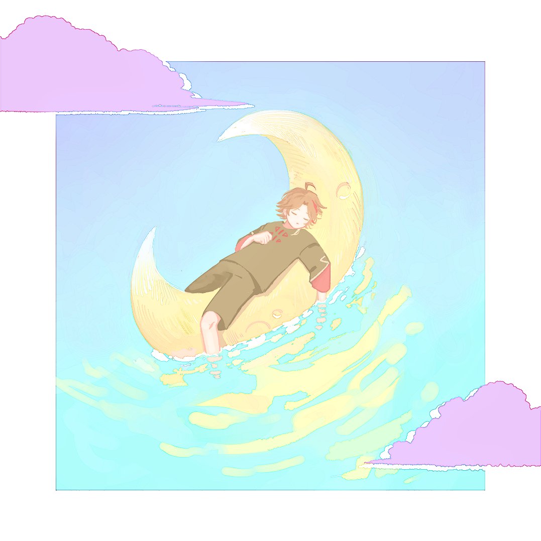 1boy male focus solo closed eyes water shorts cloud  illustration images