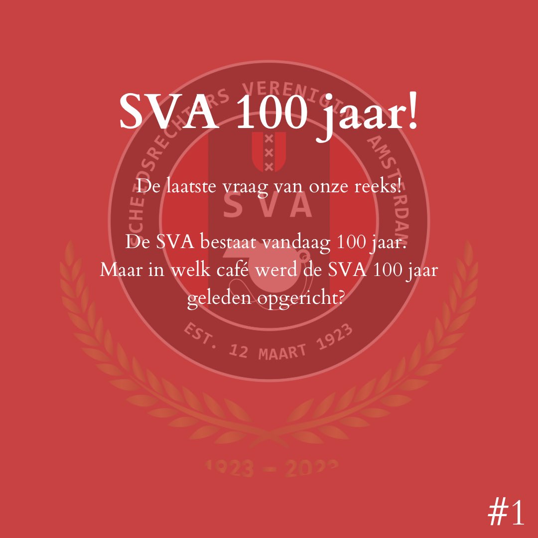 sva_amsterdam's tweet photo. De laatste vraag van onze reeks!

De SVA bestaat vandaag 100 jaar. 
Maar in welk café werd de SVA 100 jaar geleden opgericht? 

#sva100jaar https://t.co/eq5AzhkBWg